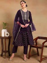 Women Purple Silk Blend Woven Design A-Line Kurta Pant Set With Dupatta