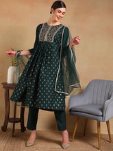 Women Green Silk Blend Woven Design A-Line Kurta Pant Set With Dupatta