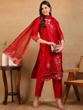 Women Red Silk Blend Embroidered Straight Kurta Pant Set With Dupatta-PKSKD2298