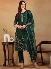 Women Olive Silk Blend Embroidered Straight Kurta Pant Set With Dupatta-PKSKD2302