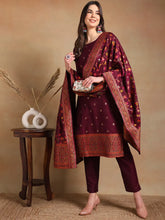 Women Burgundy Poly Chanderi Woven Design Straight Kurta Pant Set With Dupatta