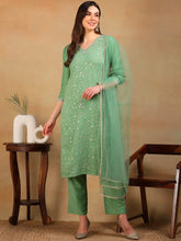 Women Green Silk Blend Embroidered Straight Kurta Pant Set With Dupatta-PKSKD2308