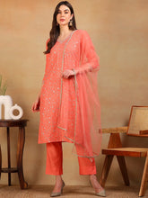 Women Coral Silk Blend Embroidered Straight Kurta Pant Set With Dupatta