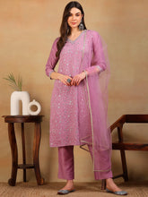 Women Lavender Silk Blend Embroidered Straight Kurta Pant Set With Dupatta-PKSKD2310