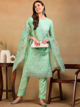 Women Sea Green Organza Embroidered Straight Kurta Pant Set With Dupatta