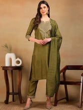 Women Olive Silk Blend Embroidered Straight Kurta Pant Set With Dupatta-PKSKD2316