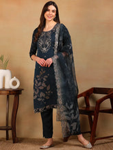 Women Navy Blue Organza Embroidered Straight Kurta Pant Set With Dupatta