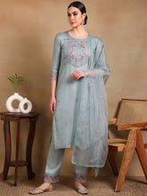 Women Grey Organza Embroidered Straight Kurta Pant Set With Dupatta-PKSKD2323