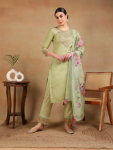 Women Green Organza Embroidered Straight Kurta Pant Set With Dupatta-PKSKD2325