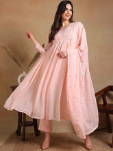 Women Pink Poly Georgette Embroidered A-Line Kurta Pant Set With Dupatta