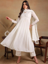 Women Off White Poly Georgette Embroidered A-Line Kurta Pant Set With Dupatta