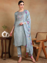 Women Grey Organza Embroidered Straight Kurta Pant Set With Dupatta-PKSKD2338