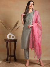 Women Grey Silk Blend Embroidered Straight Kurta Pant Set With Dupatta