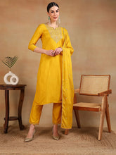Women Yellow Silk Blend Yoke Design Straight Kurta Pant Set With Dupatta