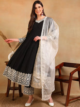 Women Black Silk Blend Embroidered Anarkali Kurta Pant Set With Dupatta-PKSKD2362