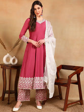Women Pink Silk Blend Embroidered Anarkali Kurta Pant Set With Dupatta-PKSKD2363