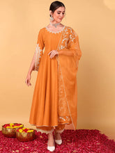 Women Orange Silk Blend Embroidered Anarkali Kurta Pant Set With Dupatta