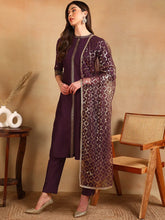 Women Purple Silk Blend Embroidered Straight Kurta Pant Set With Dupatta-PKSKD2370