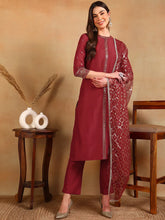 Women Red Silk Blend Embroidered Straight Kurta Pant Set With Dupatta-PKSKD2373