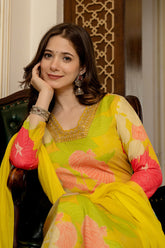 Yellow Rayon Blend Floral Printed Straight Suit Set PKSKD2425
