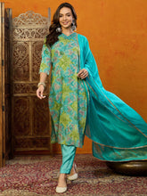 Women Blue Cotton Blend Printed Straight Kurta Pant Set With Dupatta-PKSKD2441