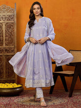 Women Maroon Organza Embroidered Anarkali Kurta Pant Set With Dupatta