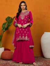 Women Georgette Embroidered Straight Kurta Sharara Set With Dupatta