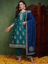 Women Green Silk Blend Solid Embroidered Straight Kurta Trouser With Dupatta
