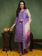 Women Purple Silk Blend Solid Embroidered Straight Kurta Trouser With Dupatta-PKSKD2481