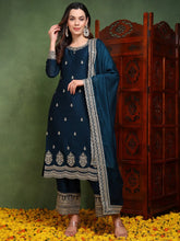 Women Teal Silk Blend Solid Embroidered Straight Kurta Palazzo With Dupatta