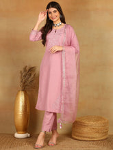 Women Pink Silk Blend Solid Yoke Design Straight Kurta Trouser With Dupatta-PKSKD2501PNK