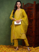 Women Mustard Silk Blend Solid Yoke Design Straight Kurta Trouser With Dupatta
