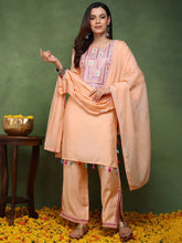 Women Peach Viscose Rayon Solid Yoke Design Straight Kurta Trouser With Dupatta