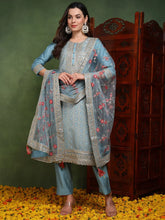 Women Blue Viscose Rayon Woven Design Embroidered Straight Kurta Trouser With Dupatta