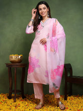 Women Cream Cotton Blend Floral Printed Straight Kurta Trouser With Dupatta