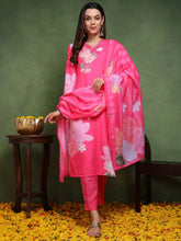 Women Pink Cotton Blend Floral Printed Straight Kurta Trouser With Dupatta-PKSKD2514PNK