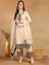 Women Cream Silk Blend Solid Embroidered Straight Kurta Trouser With Dupatta-PKSKD2530CRM