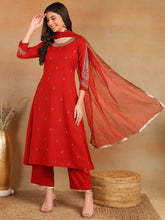 Women Red Silk Blend Solid Embroidered A-Line Kurta Trouser With Dupatta-PKSKD2535RED