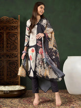 Women Black Silk Blend Floral Printed Straight Kurta Trouser With Dupatta-PKSKD2539BLK