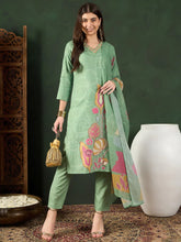 Women Green Silk Blend Floral Printed Straight Kurta Trouser With Dupatta-PKSKD2540GRN