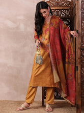 Women Mustard Silk Blend Floral Printed Straight Kurta Trouser With Dupatta-PKSKD2548YLW
