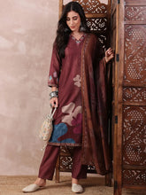 Women Brown Silk Blend Floral Printed Straight Kurta Trouser With Dupatta-PKSKD2552BRN