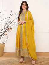 Women Mustard Silk Blend Solid Embroidered A-Line Kurta Trouser With Dupatta-PKSKD2562MYLW