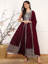 Women Burgundy Silk Blend Solid Embroidered A-Line Kurta Trouser With Dupatta-PKSKD2562WIN
