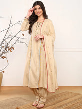 Women Beige Viscose Rayon Solid Embroidered A-Line Kurta Salwar With Dupatta-PKSKD2577