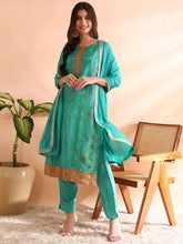 Women Sea Green Silk Blend Ethnic Motifs Woven Design Straight Kurta Trousers With Dupatta-PKSKD2581