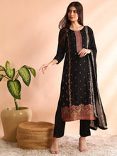 Women Black Silk Blend Geometric Woven Design Straight Kurta Trouser With Dupatta-PKSKD2582