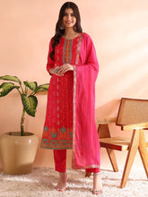 Women Pink Chanderi Silk Ethnic Motifs Woven Design Straight Kurta Trousers With Dupatta-PKSKD2584