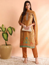 Women Khaki Silk Blend Geometric Woven Design Straight Kurta Trouser With Dupatta-PKSKD2586