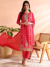 Women Pink Organza Ethnic Motifs Woven Design Straight Kurta Trousers With Dupatta-PKSKD2587
